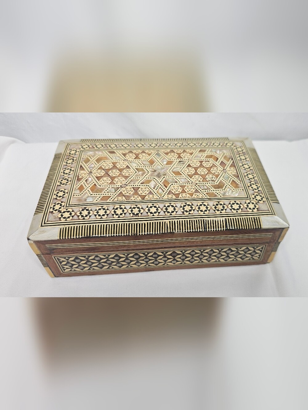 Vintage Syrian Moorish Marquetry Box Mosaic Mother of Pearl Inlay Wood Jewelry